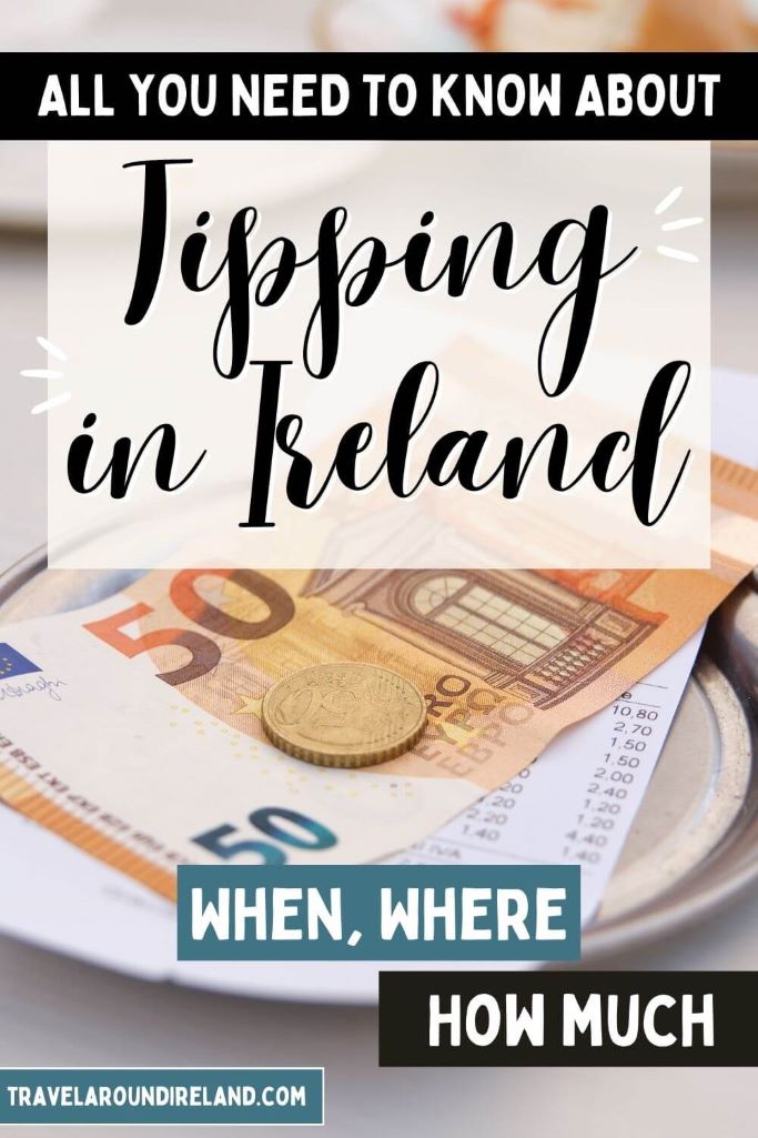 A picture of a food bill and money on a silver plate on a table with a white table cloth and text overlay in a box saying all you need to know about tipping in Ireland.