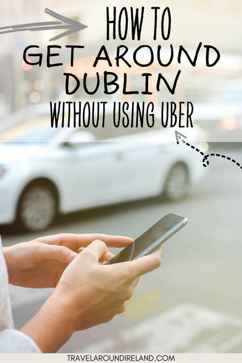 A picture of a lady using a mobile phone and a white taxi beside her and text overlay saying how to get around Dublin without using Uber.