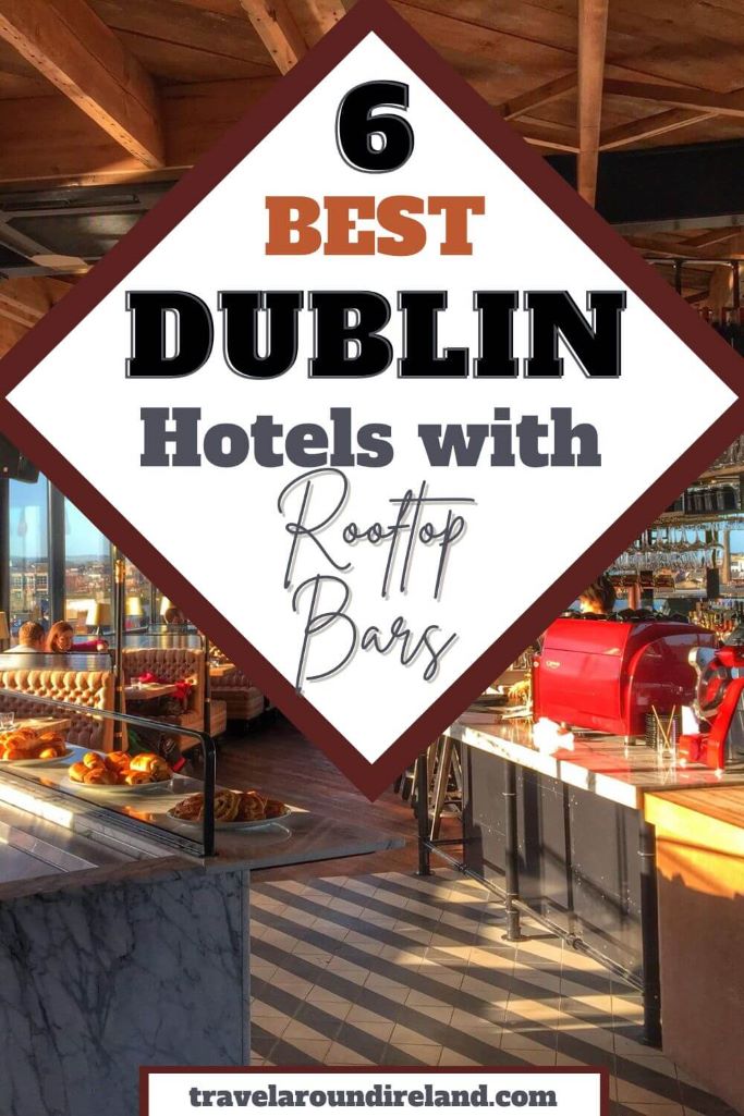 A picture of an indoor rooftop bar with wooden ceiling and sunlight streaming in through windows to the left and a diamond text box overlay saying 6 best Dublin hotels with rooftop bars.