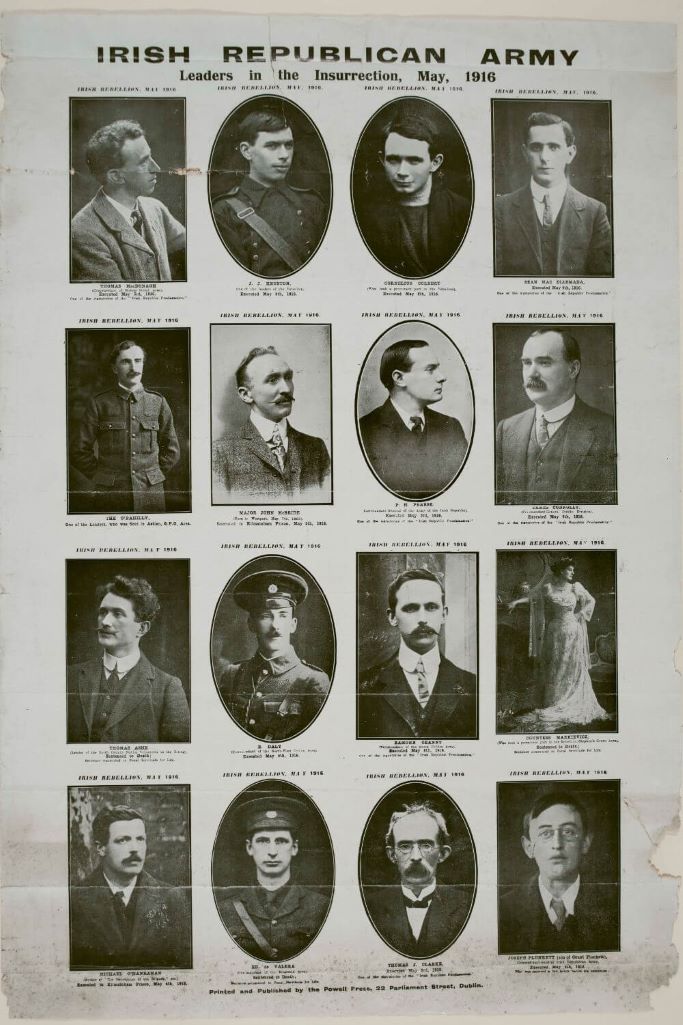 A black and white poster depicting the leaders of the 1916 Easter Rising in Ireland.