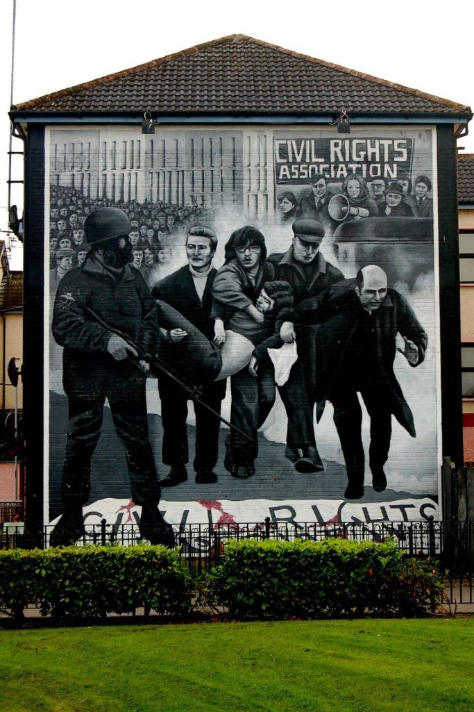 A picture in Derry of a mural depicting a scene from Bloody Sunday in 1972.