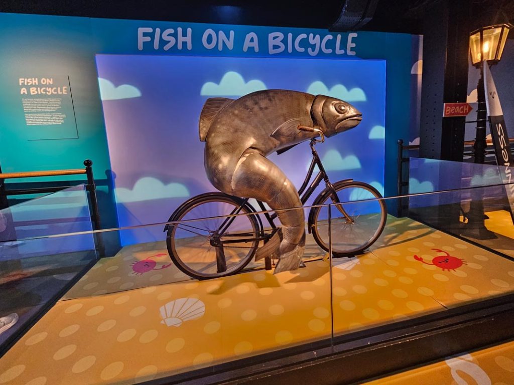 A picture of the fish on a bicycle display on the advertising floor of the Guinness Storehouse in Dublin.