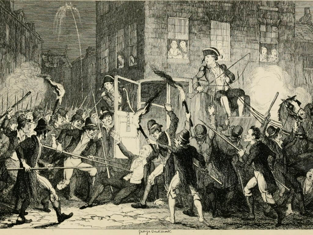 A picture showing a scene from the 1798 Irish Rebellion against British Rule which ended in defeat for the Irish. In the scene there are soldiers from both sides.