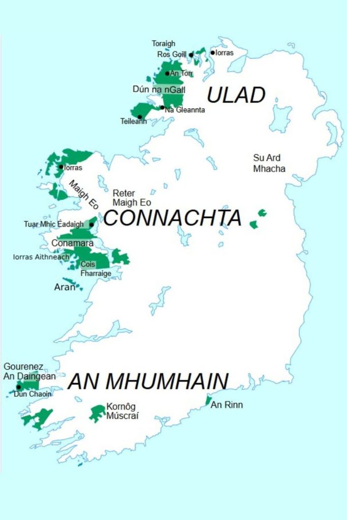 A map depicting where the Gaeltacht areas are located in Ireland, including Counties Waterford, Cork, Kerry, Galway, mayo, Donegal and Meath.