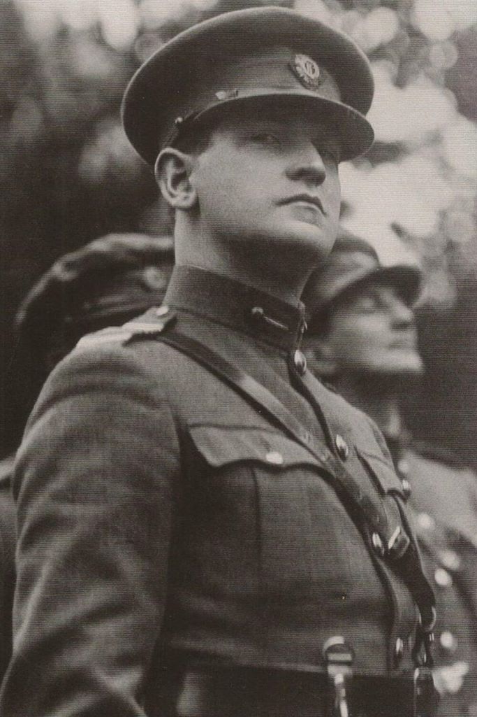 A black and white picture of Michael Collins in uniform, a leading figure in Ireland's fight for independence in the 1920s.