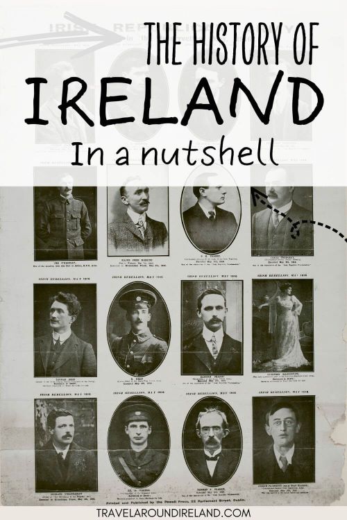 A pinterest pin with a poster depicting the leaders of the 1916 Easter Rising in Ireland and text overlay along the top saying the history of Ireland in a nutshell.