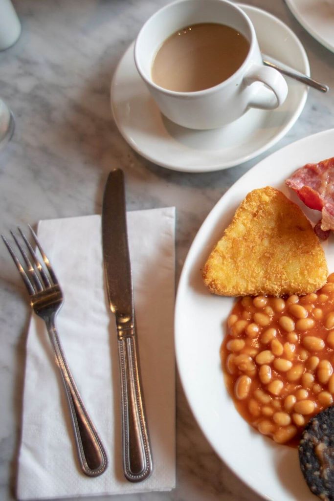 A picture of a plate with a full Irish breakfast on it, cutlery to the left of the plate and a cup of tea towards the top of the picture beside the plate of food.