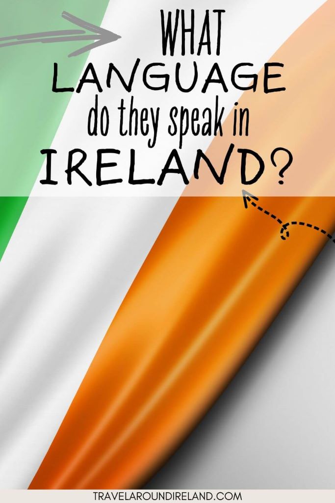 A picture of the flag of Ireland, shown on the left side of the picture, and text overlay saying what language do they speak in Ireland?