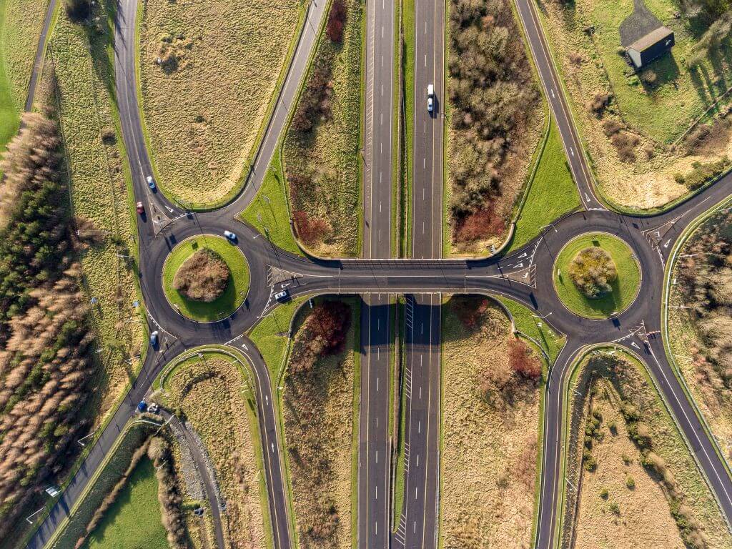 An aerial shot of one of the M7 motorway junctions in Ireland.