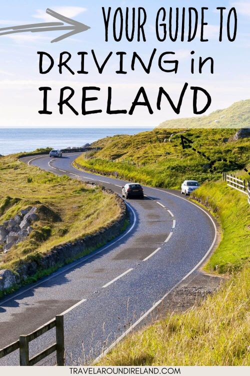 A picture of a road in Ireland with a bend and a car parked on the right and a car passing on the left and text overlay at the top saying your guide to driving in Ireland.