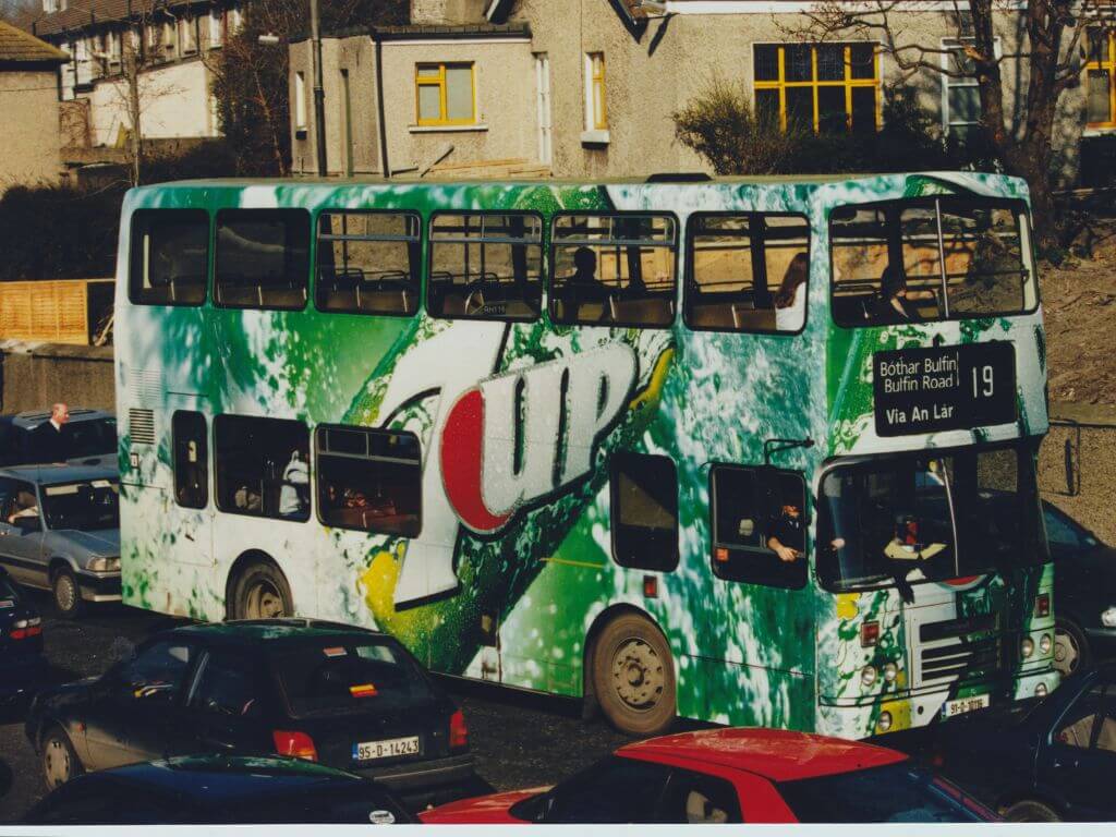 A picture of the 7UP St Patrick's Day bus in Dublin.