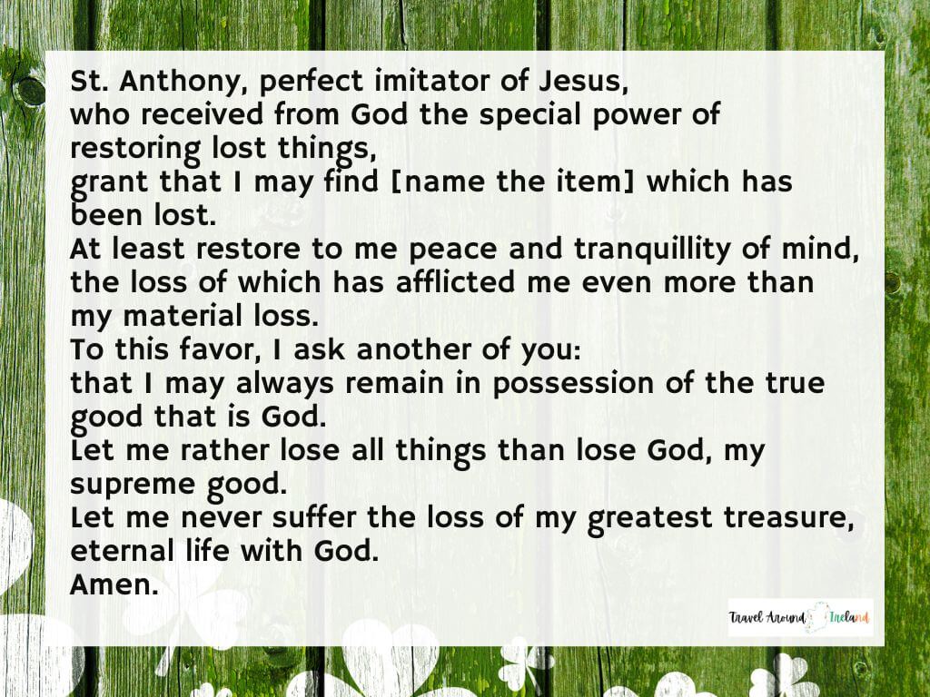 The Prayer to St Anthony for lost things on a green background.