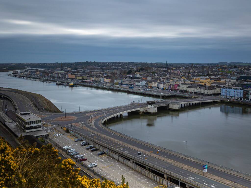 An aerial picture overlooking Waterford City and the river.