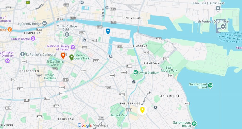 A screenshot of a google map featuring the pins where 5-star Dublin hotels with pools are located in the city.