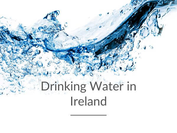 A picture of a water splash, with the water having a blue hue and text overlay saying drinking water in Ireland.
