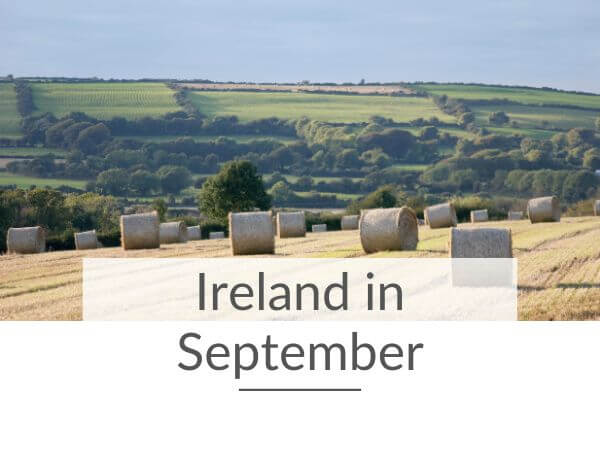 A picture of rolls of baled hay in a field in County Wexford and text overlay saying Ireland in September.