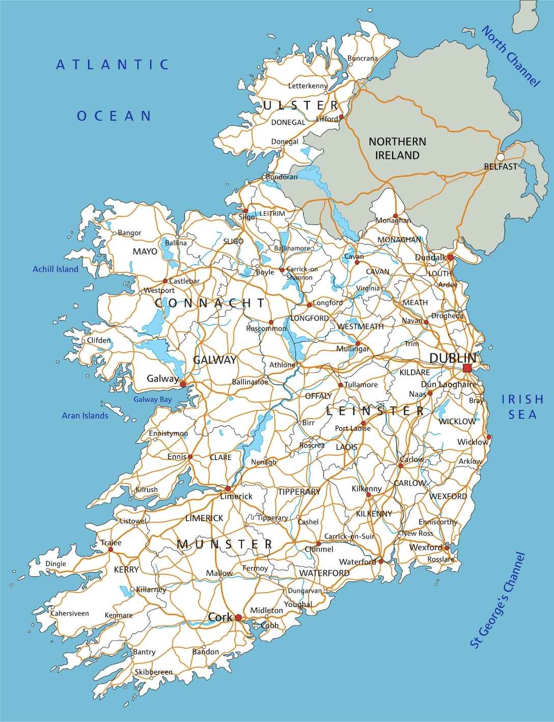 A roadmap of Ireland denoting the major roads in the country connecting cities and towns of note.